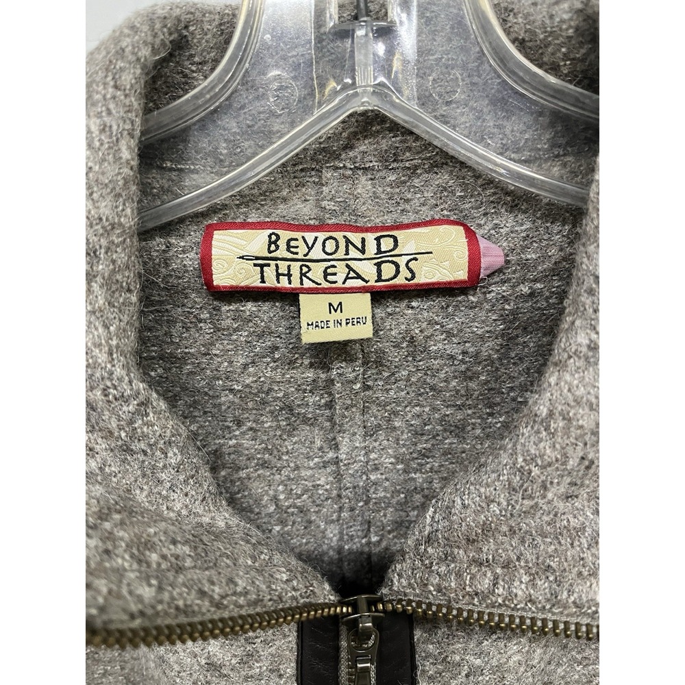 Beyond Threads Women's Alpaca Blend Jacket M Grey Zip Leather Trim Boho Coat - Picture 2 of 10